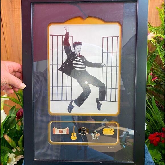 Framed picture of Elvis singing “Jailhouse Rock” hit song w/5 hard enamel pins